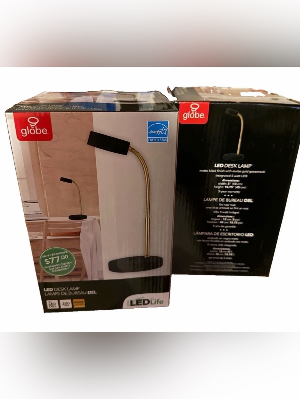 Set of 2 New in Box Globe Energy Star LED Desk Lamps in Black w/ Gold Gooseneck